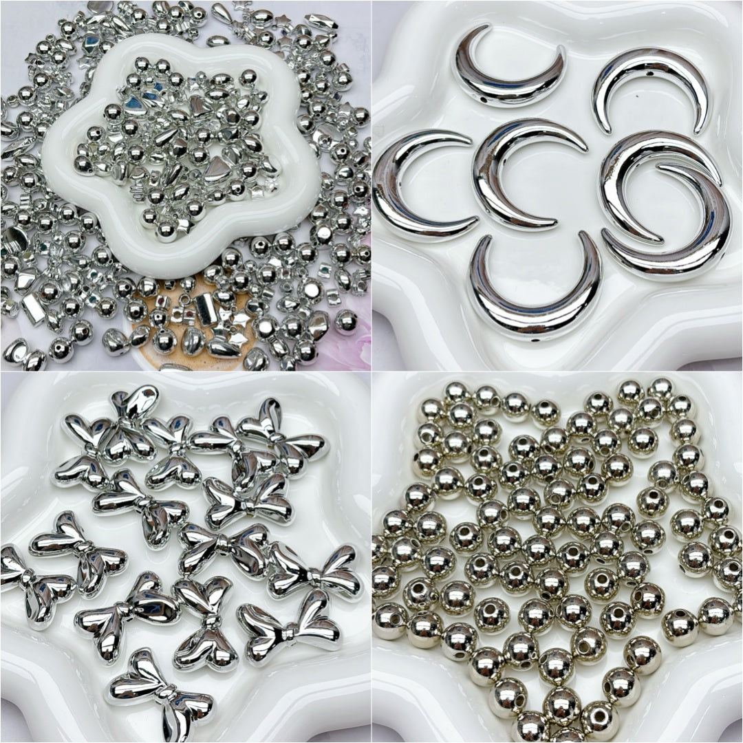 A827 メタリックシルバーアクリルビーズ|電鍍風|ハンドメイド材料