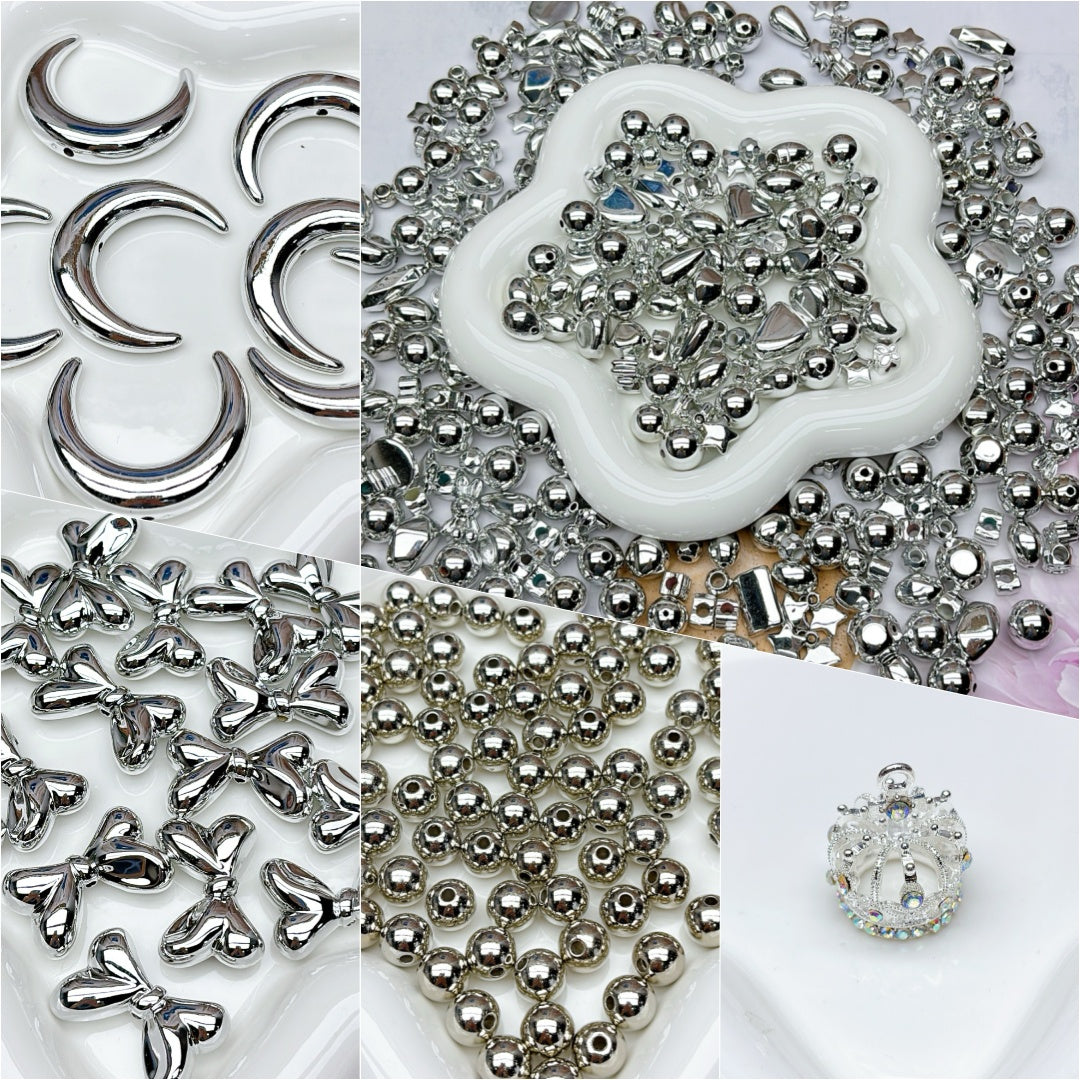A827 メタリックシルバーアクリルビーズ|電鍍風|ハンドメイド材料